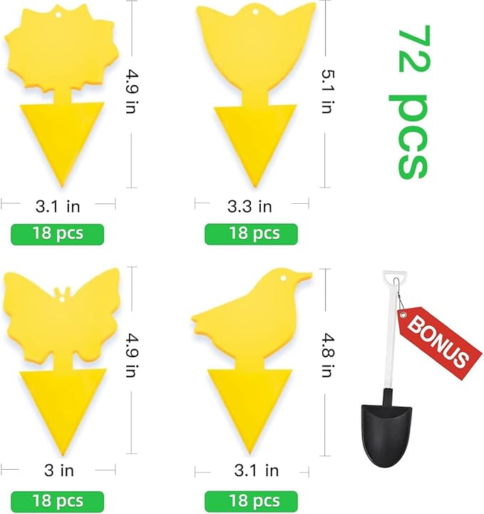 72 Pcs Classic Sticky Traps for Fungus Gnat (Plants), Flying Insect, Whitefly and Fly, Yellow Sticky Insect Catcher Traps for Indoor/Outdoor, Kitchen, and Plants, High-End Glue, Non-Toxic, 4 Shapes