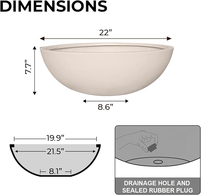 7.7"H x 22"D Round Bowl Fiberstone Planter for Succulent and Lotus, Drainage Hole, Weather Resistant for Indoor and Outdoor Use, Included 2 Extra Coco Mats (Kilim Beige, 19.9" Pot Opening)