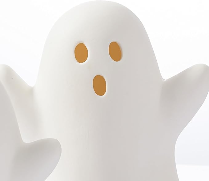 WDS WONDROUS Halloween Decorations Light Up Ghost Figurines Set of 2, White Floating Ghost Statues with LED, Ceramic Cute Halloween Figurines Decor for Tabletop Shelf Mantel Desk Indoor