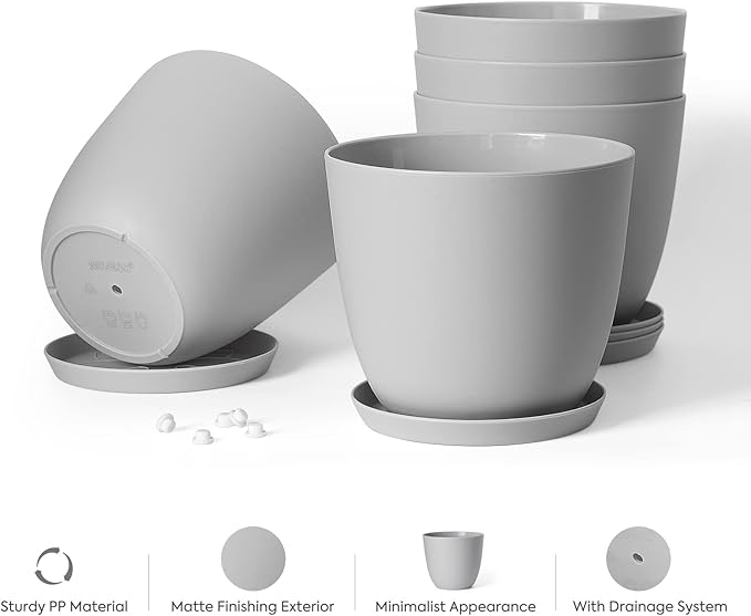 Mkono 6.5" Plastic Plant Pots for Plants with Saucers, Indoor Set of 5 Plastic Planters Modern Flower Pot with Drainage Hole for All House Plants, Herbs, Flowers, and Seeding Nursery, Gray