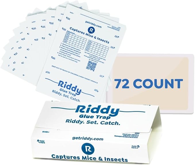 Riddy Glue Boards, 72 Boards, Pre-Baited, Ready to Use Mouse Traps Indoor for Home, Sticky Adhesive for Bugs and Rodents, 5.5" x 7.5"