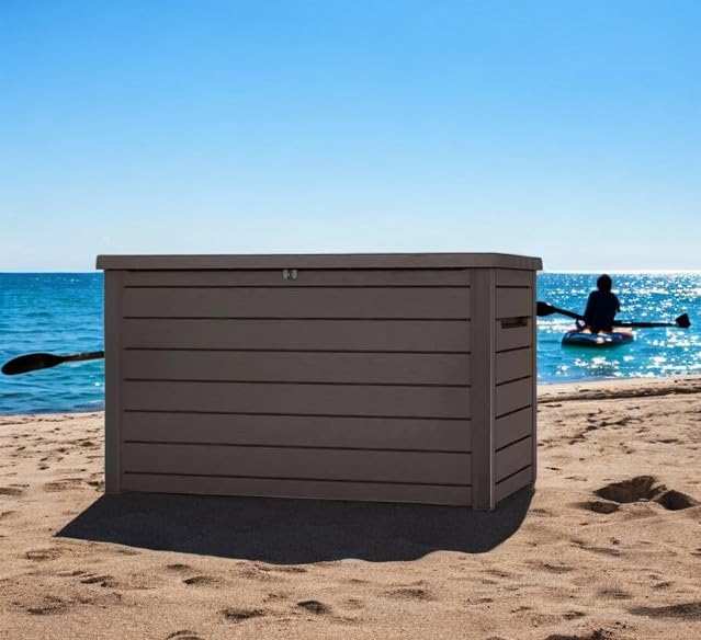 230 Gallon Deck Storage Box Outdoor Patio Container – Weather-Resistant, Lockable Outdoor Storage Solution for Patio, Garden, and Poolside (Brown)