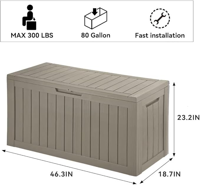 YITAHOME 80-Gallon Waterproof Resin Outdoor Storage Box, Lockable Storage Container for Outdoor Furniture, Cushion Storage, Pool Accessories, Garden Tools and Sporting Gear, Taupe