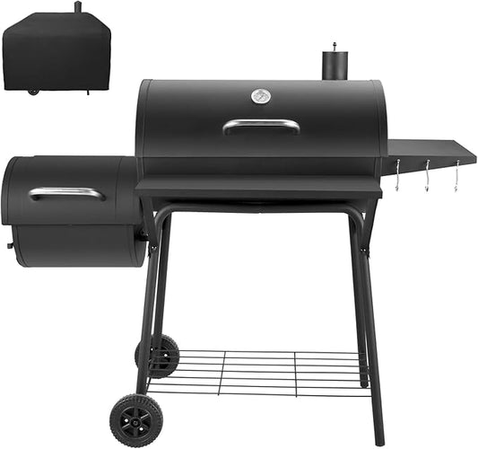 Barrel Charcoal Grill with offset smoker, 714 Square Inches Cooking Area, Outdoor BBQ Grill with Front and Side Shelf, Perfect for Backyard, Patio Parties and Picnics