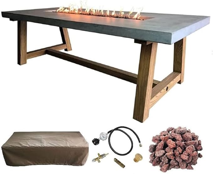 Elementi | Sonoma Gas Fire Pit Cast Concrete Rectangular Dining Fire Table, Outdoor Fire Pit Electronic Ignition | Canvas Cover, Lava Rock Included | Propane Gas