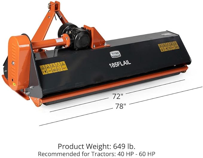 Titan Attachments 3 Point Flail Mower, 72" Charcoal Finish Fits Cat 1 Tractors, Replaceable Hammer Blades, 30-60 HP Mulch and Finish Mower for Uneven Terrain, Lawn Tractor Accessories