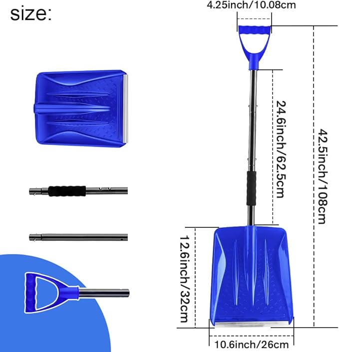 Snow Shovel 2026 Upgrade, Large-Capacity Lightweight Aluminum Portable Shovel for Parent-Child Snow Playing, Garden, Car & Camping with Extra Ice Scraper (Blue)