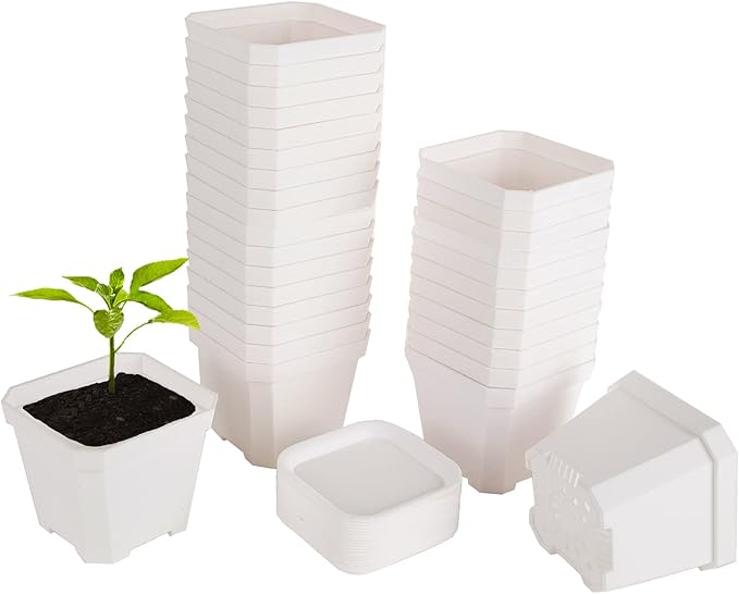 foxany 4" Nursery Pot, 30 Pcs Thick Plastic Square Planting Pots, Plant Seedling Pots, Seed Starting Pots with 30 Saucers - White