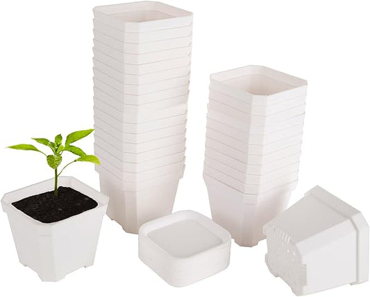 foxany 4" Nursery Pot, 30 Pcs Thick Plastic Square Planting Pots, Plant Seedling Pots, Seed Starting Pots with 30 Saucers - White