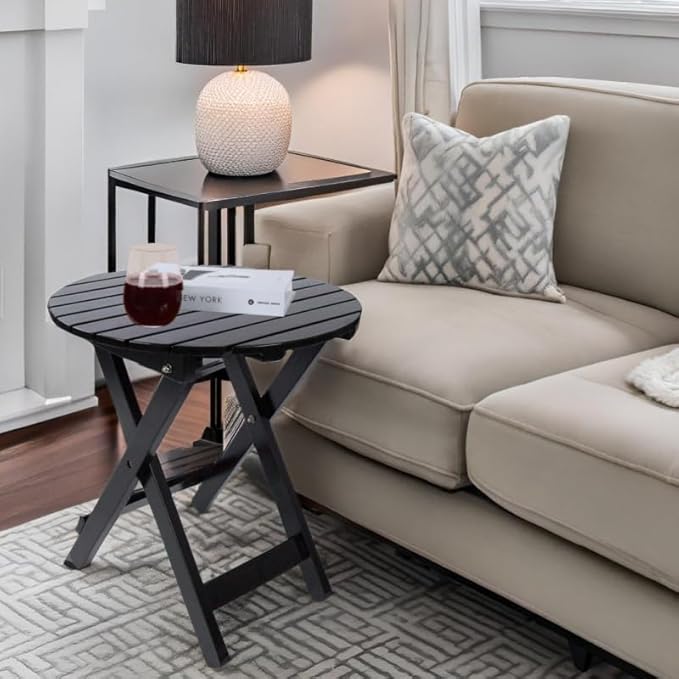 Outdoor Patio Side Table Round Small Wood End Table Folding Coffee Furniture for Living Room, Bedroom, Plant Stand, Camping Portable Black