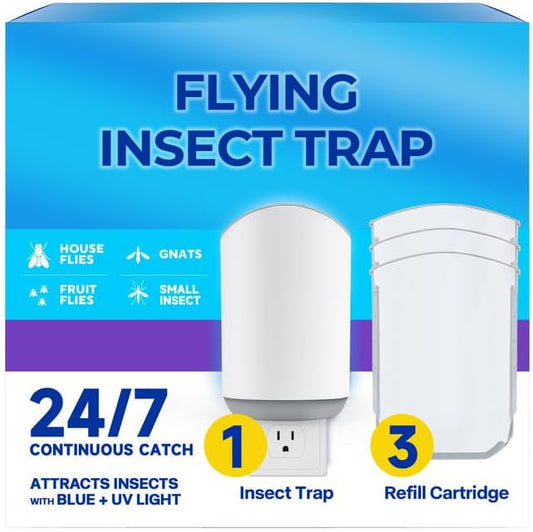 Flying Insect Trap & Bug Zapper – Indoor Outdoor Plug-in Blue UV Light Catcher, Quiet Fly Killer for Gnats, House & Fruit Flies – Bedroom, Patio, Garden (1 Device + 3 Replaceable Boards)
