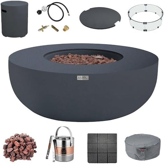 AMS Creations | Eclipse 44" Bundle Round Cast Concrete Propane Gas Fire Pit Bowl Table | Dark Gray | Smooth Texture Surface | Electronic Ignition | Outdoor Patio Heater Outside Backyard Fireplace
