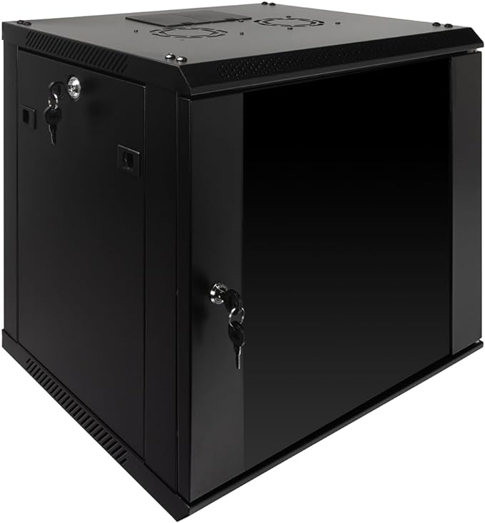 NavePoint 9U Server Rack Enclosure with Glass Door, Cooling Fan, Locks, & Removable Side Panels - 9U Wall Mount Network Cabinet 19 Inch Rack 17.7 Inches Deep