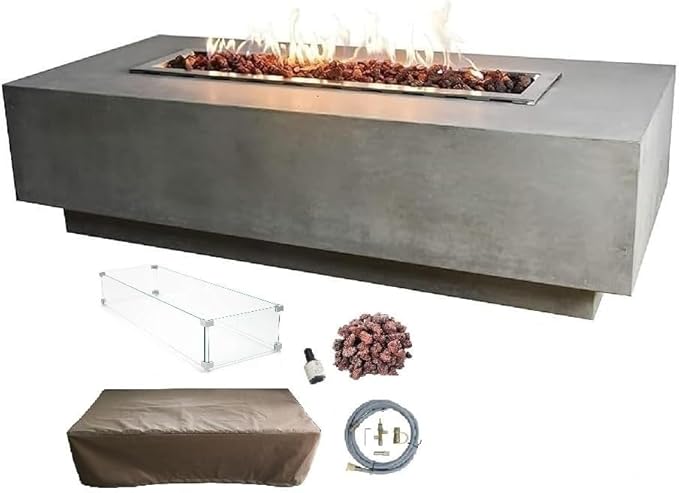 Elementi Granville Gas Fire Pit Cast Concrete Fire Table, Outdoor Fire Pit Electronic Ignition | Canvas Cover, Lava Rock Included | Free AMS Wind Guard | Light Gray (Natural Gas)