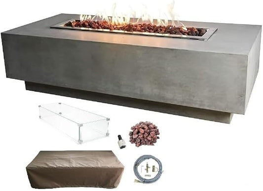Elementi Granville Gas Fire Pit Cast Concrete Fire Table, Outdoor Fire Pit Electronic Ignition | Canvas Cover, Lava Rock Included | Free AMS Wind Guard | Light Gray (Natural Gas)