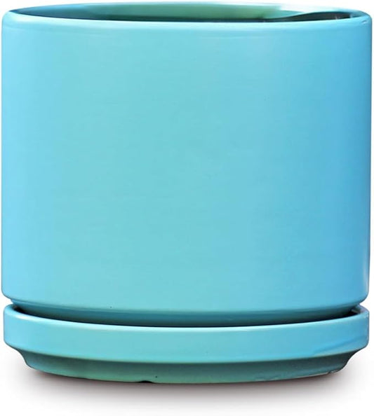 Mid Modern Planter with Detached Saucer (Aqua Marine Satin,10.0" D x 9.0" H)