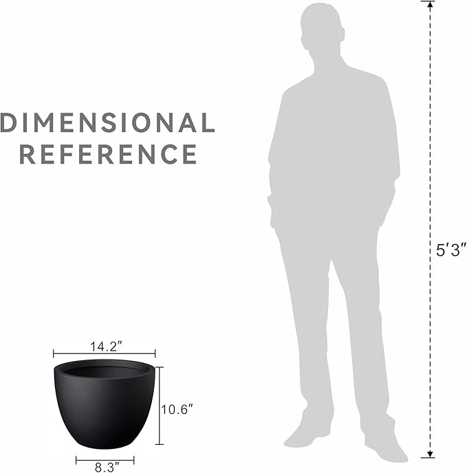 Kante 14.2 Inch Round Concrete Planter - Classic Large Indoor/Outdoor Plant Pot with Drainage Hole and Rubber Plug, Suitable for Gardens and Patios, Black