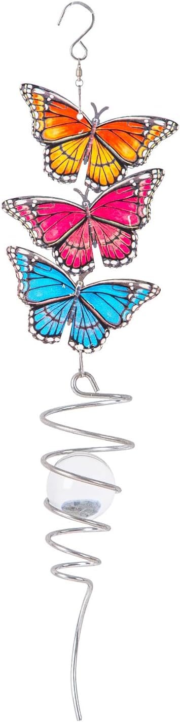 18" Wind Spinner Hanging Metal Figurine Spinner with Glass Ball for Garden Décor, Wind Sculptures & Spinners for Indoor Outdoor Garden Ornament, Butterfly