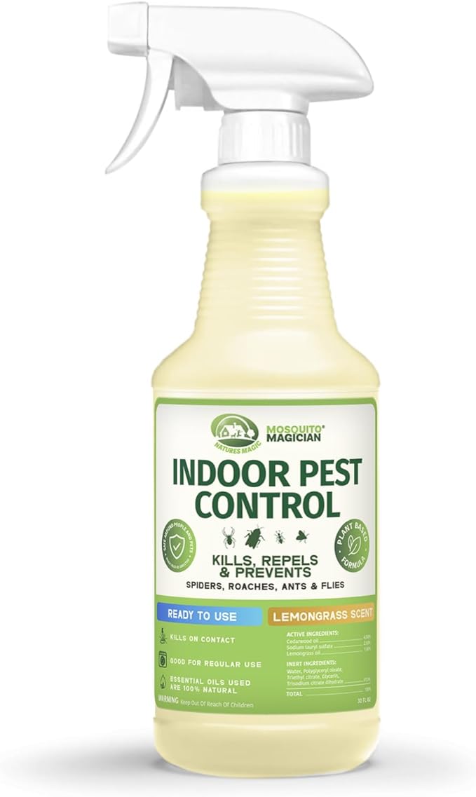 Mosquito Magician Indoor Pest Spray – Design for Indoor Use to Neutralize Spiders, Roaches, Ants & Flies with Plant-Sourced Essential Oils, Efficient Ready to Use Home Pest Spray – Lemongrass, 32 OZ