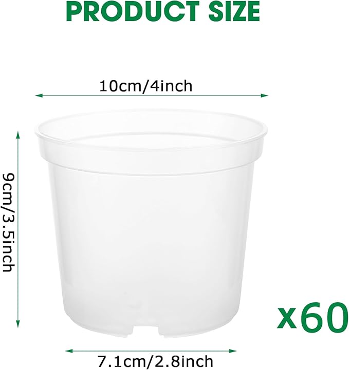 60 Pcs 4 Inch Clear Nursery Pots for Plants, Transparent Plastic Plant Pots with Drain Holes, Seed Starter Pots with 20 Plant Labels for Flowers Vegetable Seedlings