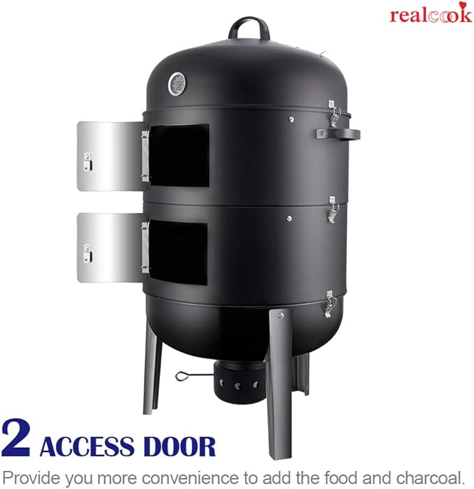 Realcook Charcoal BBQ Smoker Grill - 20 Inch Vertical Smoker for Outdoor Cooking Grilling