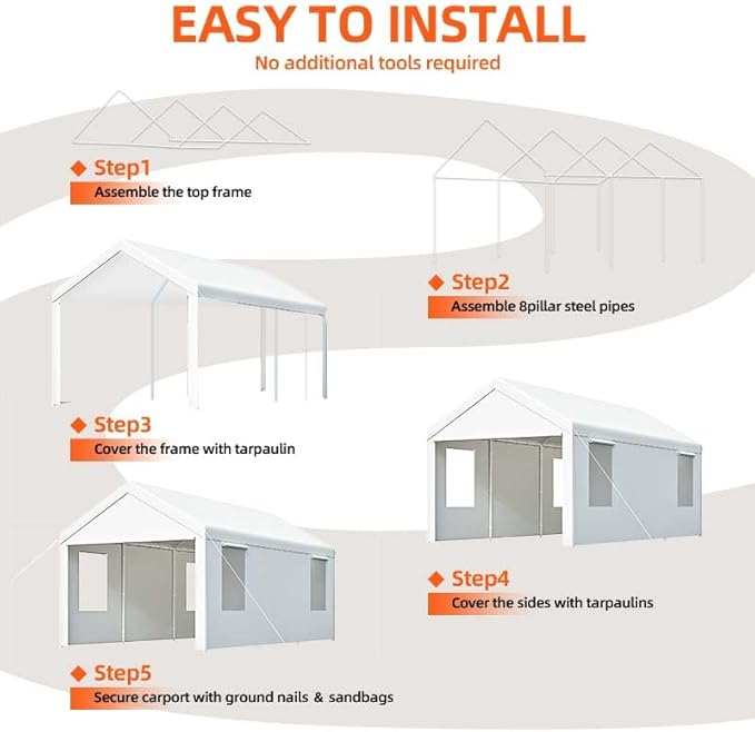 Carport, 10x20 ft White Heavy Duty Carport with Roll-up Windows, Portable Garage with Removable Sidewalls & Doors, Car Canopy and All-Season Tarp for Car Boat Truck Motorcycle