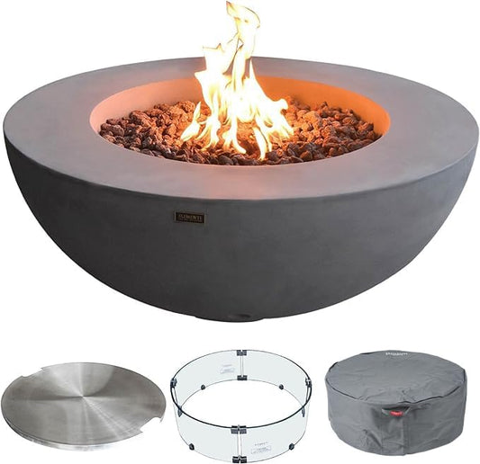 Elementi Lunar Bowl Fire Pit Bundle Outdoor Firepit Set Includes 42” Propane Concrete Firepit Bowl, Glass Windscreen, Stainless Steel Cover, Canvas Cover, Lava Rocks