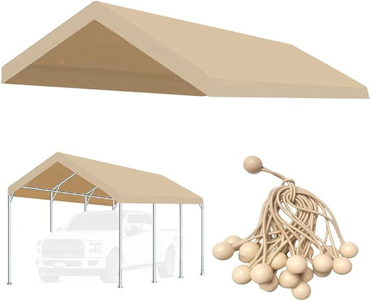 10'x20' Upgraded Carport Replacement Top Canopy Cover for Car Garage Shelter Tent Party Tent with Ball Bungees Beige (Only Top Cover, Frame is not Included)