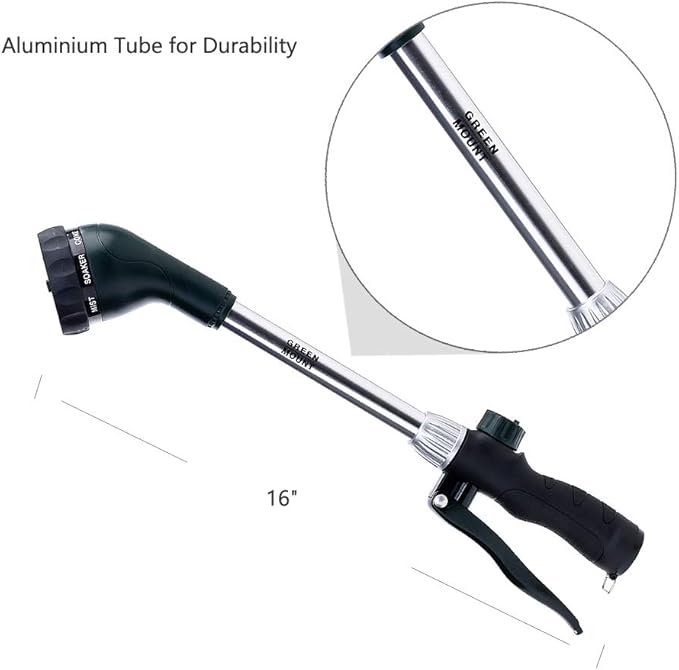GREEN MOUNT Watering Wand 16-Inch, Heavy Duty Garden Wand with 8 Spray Patterns | Ergonomic & Lightweight for Easy Watering | Ideal for Hanging Baskets, Potted Plants, Window Boxes，Blackish Green