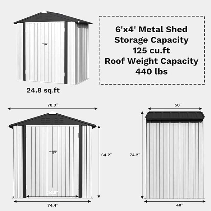 Greesum 6x4FT Outdoor Storage Shed, Metal Storaged Sheds with Lockable Doors, Sheds & Outdoor Storage for Bike, Backyard, Pool and Garden, White