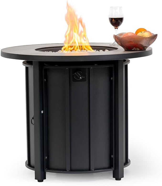 30'' Concrete Round Gas Fire Pit, 50,000 BTU Steel Outdoor Fire Tables, Fire Table with Lid, Add Warmth & Ambience to Gatherings and Parties On Patio Deck Garden Backyard，White Glass Stone.
