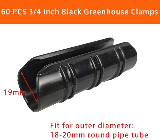 60PCS Greenhouse Clips 3/4 Inch Greenhouse Clamps Black Plastic Clamps Garden Buildings Tube Clips for PVC Pipe Greenhouse Films, Sunshade Nets, Row Covers, Shelters, Farming, Gardening