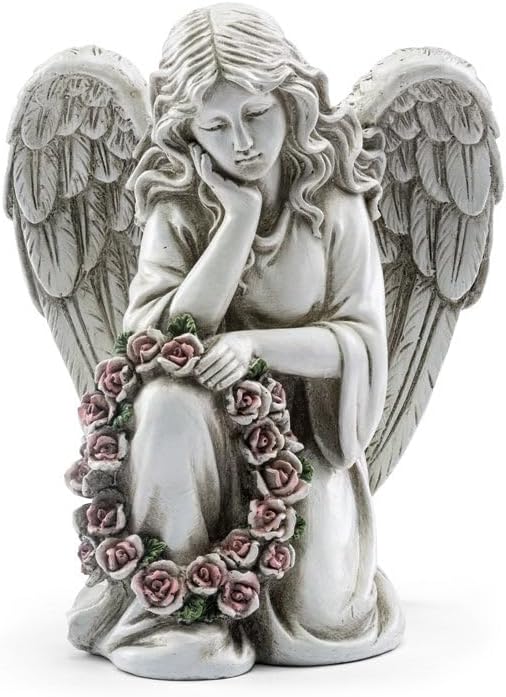 Napco Imports Decorative 8.75 x 11.5 Inch Indoor or Outdoor Sculpture Figurine Garden Statue Grey Kneeling Angel
