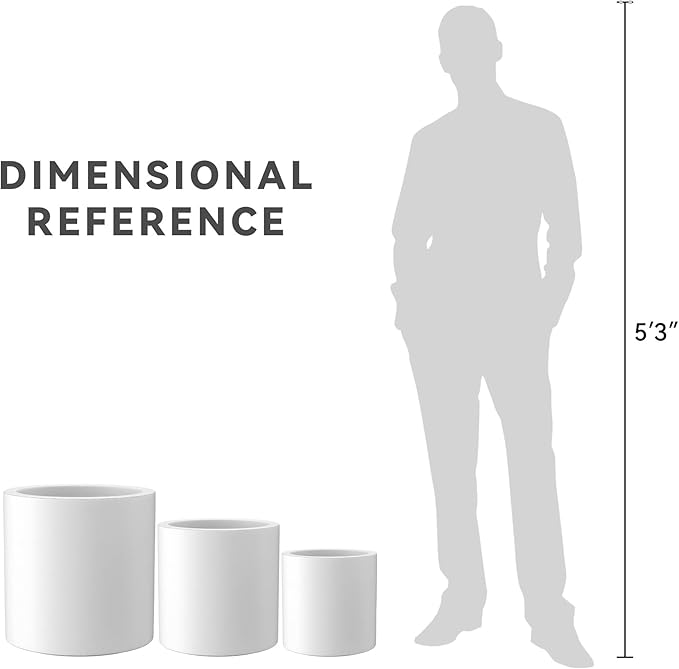 Kante RC0119ABC-C80011 Set of 3 Lightweight Concrete Modern Cylinder Outdoor Planters, 15.8, 12.9 and 9.8 Inch Diameter, Pure White