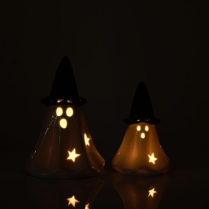 WDS WONDROUS Light Up Halloween Ghost Decorations Set of 2, Cute Ghost Figurines with Witch Hat Halloween Decor, Ceramic Ghosts Light for Indoor Fall Table Decor, Home Tiered Tray Fireplace