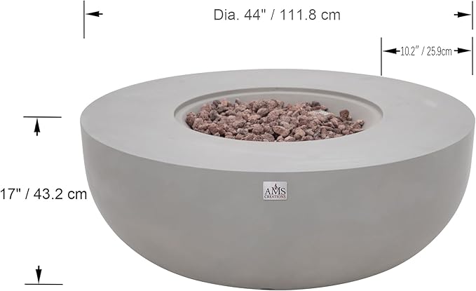 AMS Creations | Eclipse 44" Bundle Round Cast Concrete Propane Gas Fire Pit Bowl Table | Light Gray | Smooth Texture Surface | Electronic Ignition | Outdoor Patio Heater Outside Backyard Fireplace
