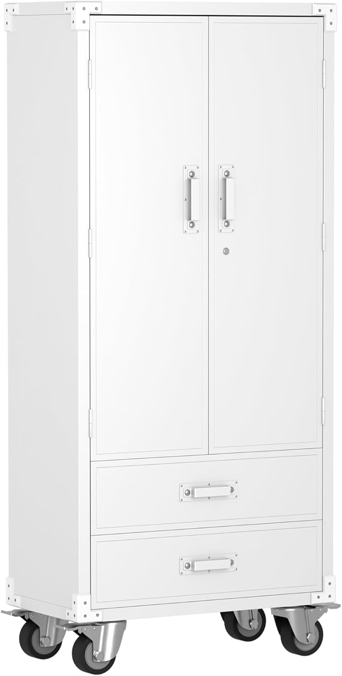 Metal Garage Storage Cabinet with 2 Drawers, Rolling Storage Cabinet with 2 Lockable Doors for Garage Home Office,Required Assembly,White
