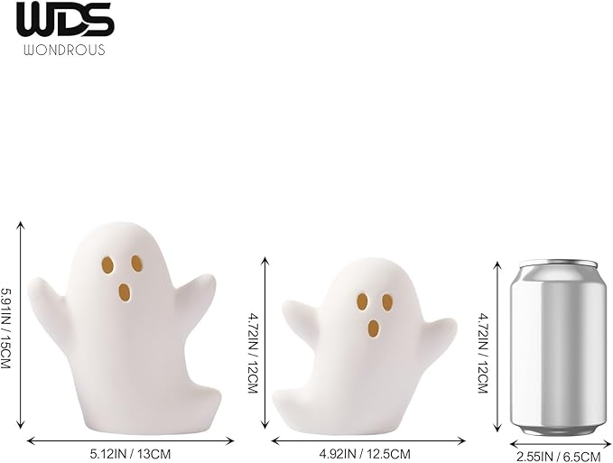 WDS WONDROUS Halloween Decorations Light Up Ghost Figurines Set of 2, White Floating Ghost Statues with LED, Ceramic Cute Halloween Figurines Decor for Tabletop Shelf Mantel Desk Indoor