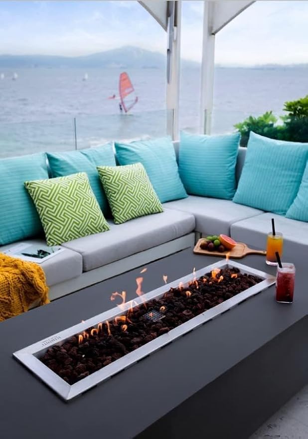 Elementi Granville Gas Fire Pit Cast Concrete Fire Table, Outdoor Fire Pit Electronic Ignition | Canvas Cover, Lava Rock Included | Free AMS Wind Guard | Dark Gray (Natural Gas)