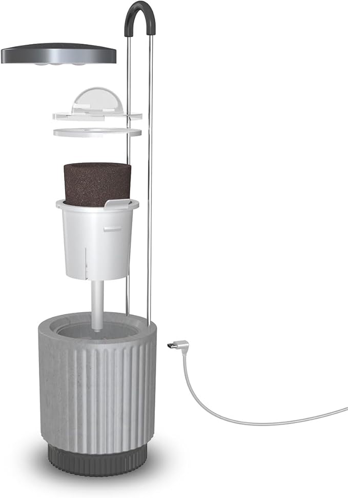 Mini Smart Planter Kit with Petunia Plant Pods by Click&Grow, Hydrovase Indoor Garden, Self-Watering Pot with Grow Light (Grey)