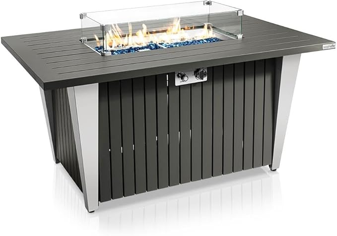 SereneLife Outdoor Propane Fire Pit Table - CSA/ETL Certified 50,000 BTU Pulse Ignition Weatherproof Rectangle Propane Gas Fire Table w/Adjustable Flame - Glass Rocks Wind Guard, Black SLFPSX55