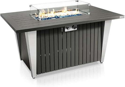 SereneLife Outdoor Propane Fire Pit Table - CSA/ETL Certified 50,000 BTU Pulse Ignition Weatherproof Rectangle Propane Gas Fire Table w/Adjustable Flame - Glass Rocks Wind Guard, Black SLFPSX55