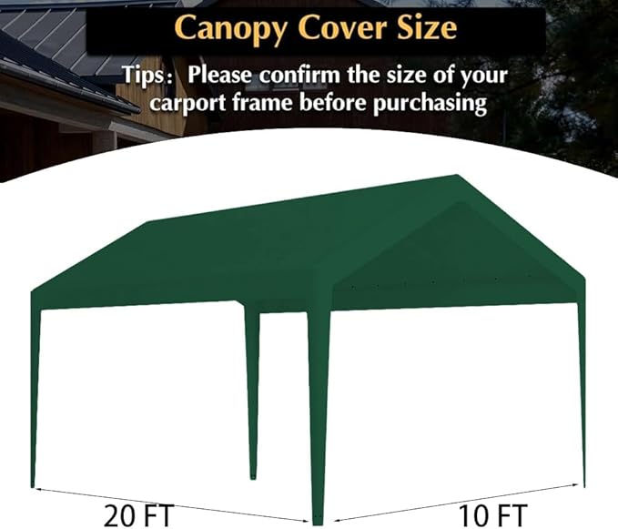 Rutile 10 x 20 FT Carport Replacement Cover, Heavy Duty Car Tarp Canopy Tent Garage Top Shelter With Fabric Leg Pole Skirts and Ball Bungees - Green (Only Top Cover, Frame Not Included)