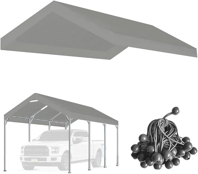 10'x20' Upgraded Carport Replacement Top Canopy Cover for Car Garage Shelter Tent Party Tent with Ball Bungees Grey (Only Top Cover, Frame is not Included)