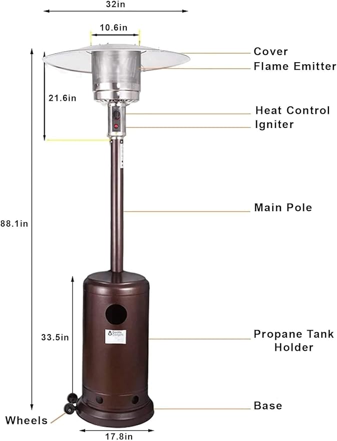 Portable Outdoor Patio Heater, Propane Operated, Gatherings, Events, Commercial, Residential - 44,000 BTU (Bronze)