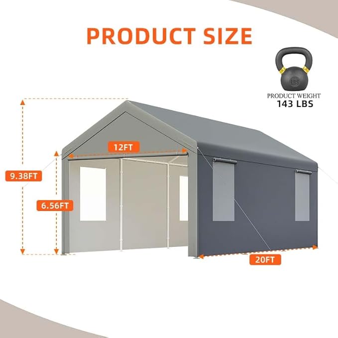 Carport, 10x20 ft Grey Heavy Duty Carport with Roll-up Windows, Portable Garage with Removable Sidewalls & Doors, Car Canopy and All-Season Tarp for Car Boat Truck Motorcycle