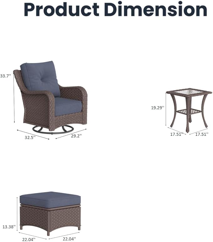 5 Pieces Outdoor Patio Furniture Sets with Rocking Swivel Chairs with 6-inch Thick Cushion and Side Table for Deck Lawn