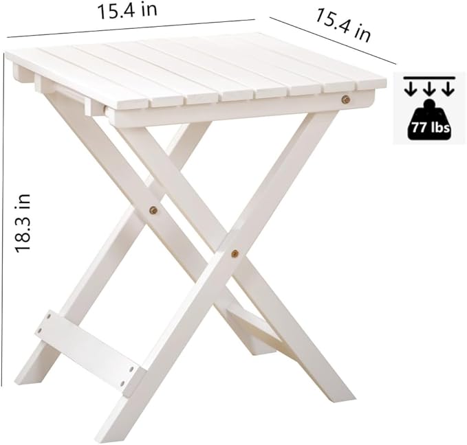 2 Pcs Small Folding Patio Side Table Outdoor Wood Wooden Small End Portable Plant Little Table for Garden Yard Porch Living Room Space Pool 15.4x15.4 x18.3 inch (White)
