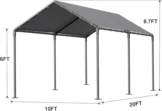 Carport, 10x20ft Heavy Duty Portable Garage, Car Port with Storage Shed, Car Canopy Car Tent with Steel Frame All-Season Tarp for Car, Truck, Boat, Party, Grey