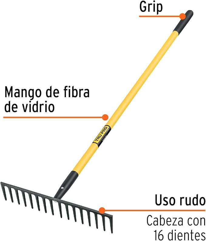 TRUPER R-16MF Heavy Duty Fiberglass Handle Road Rake, 16 Tines 18" (46cm)